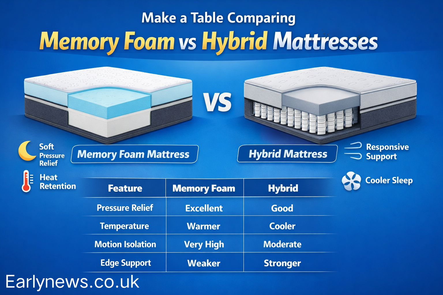 make a table comparing memory foam vs hybrid mattresses